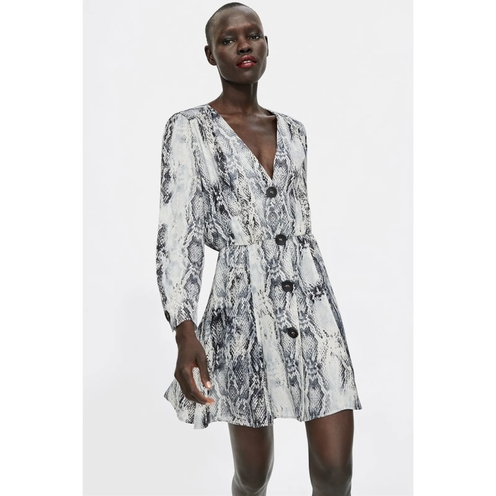 ZARA Snake Print Long Sleeve Button Down Vneck Mini Dress Size Medium